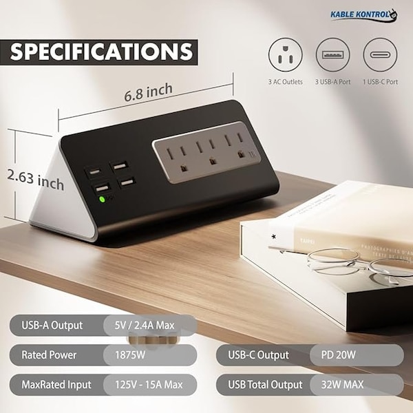 Desk Clamp Power Strip With 1 USB-C Port,3 Power Outlets,3 USB-A Ports,Fast Charger,4.9' Cord White